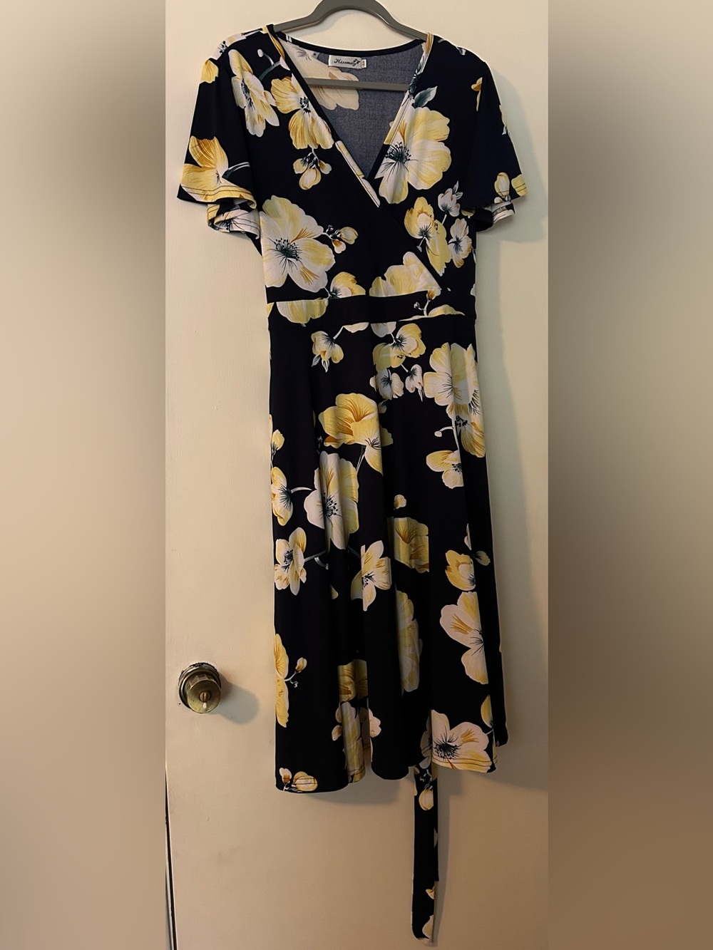 Missmay Floral Wrap Midi Dress - Yellow on Black Size 16